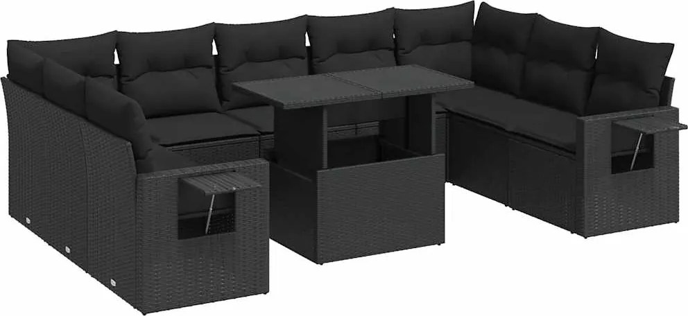 vidaXL 10 részes fekete polyrattan kerti ülőgarnitúra párnákkal