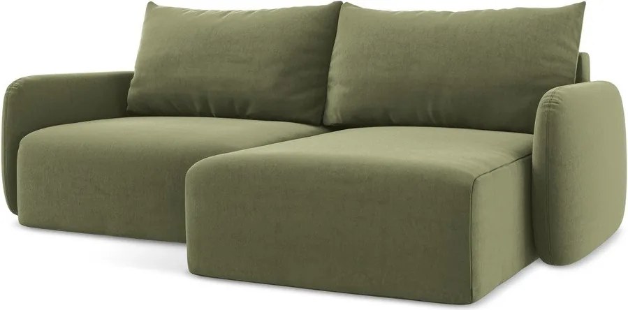 Zöld bársony kinyitható-tárolóhelyes sarokkanapé (jobb oldali-heverő résszel) Kalena – Makamii