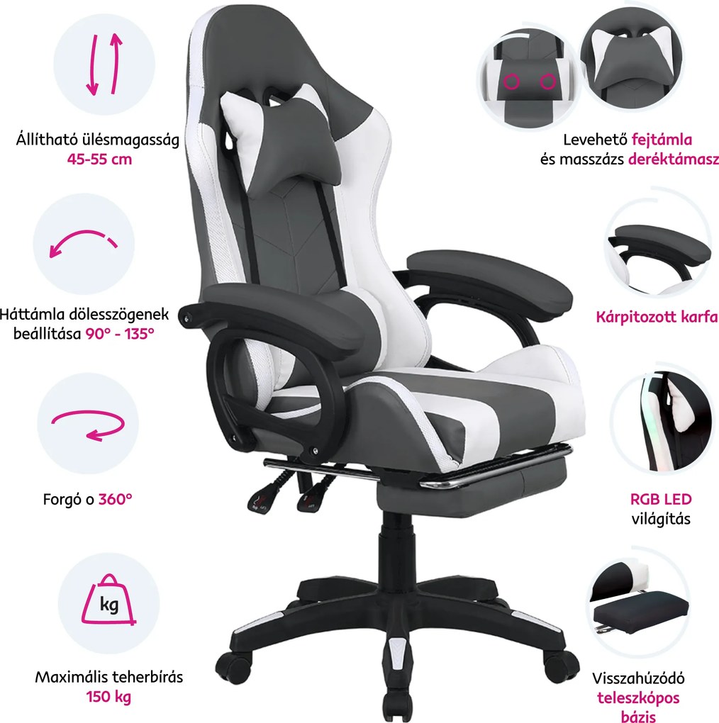 Irodai/gamer szék RGB LED világítással, fekete/fehér, JOVELA