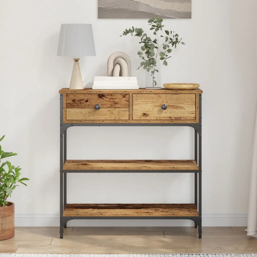 Konzol Asztal Régi Fa 72,5x25x75 cm Műanyag Fa és Acél