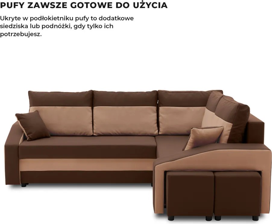 Grande sarokkanapé polcokkal és puffokkal , polc a bal karfaban puffok a jobb karfaban, jobboldali, szövet anyag, bonell töltet, barna
