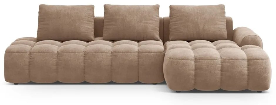 Világosbarna bársony kinyitható-tárolóhelyes sarokkanapé (jobb oldali-heverő résszel) Linz – Cosmopolitan Design