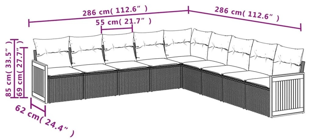 9-részes szürke polyrattan kerti ülőgarnitúra párnákkal