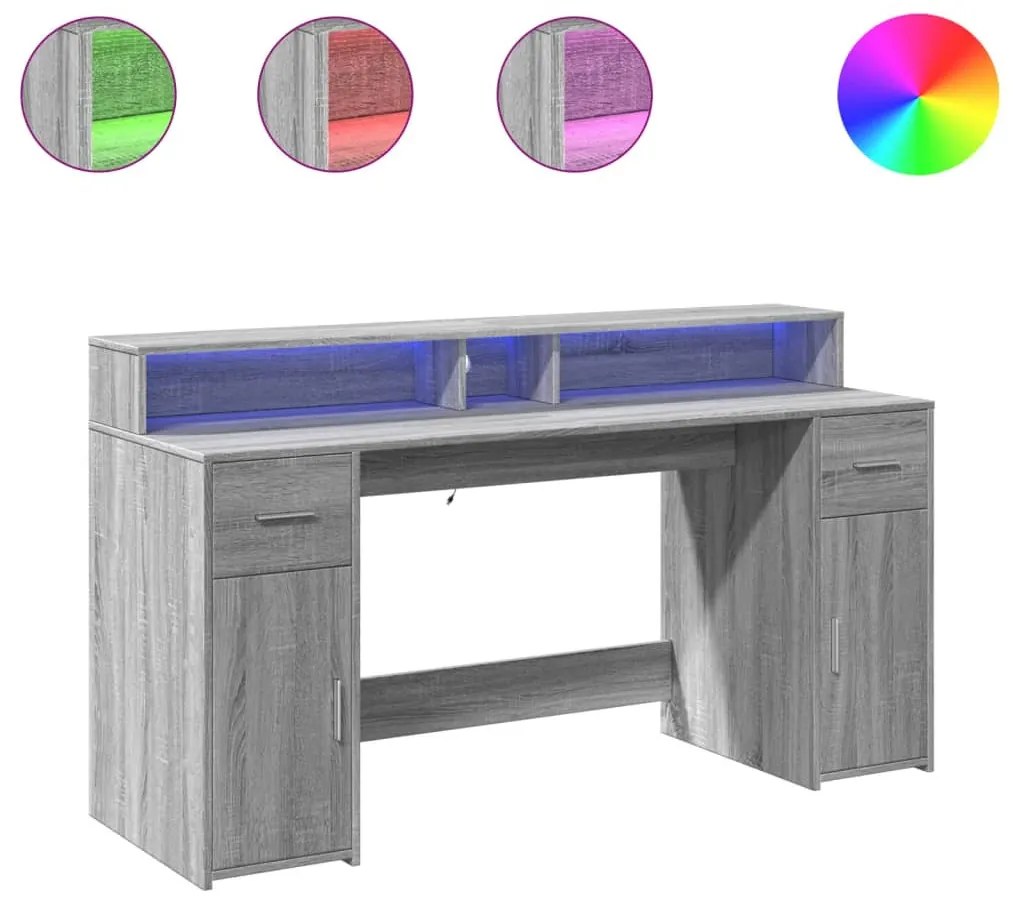 Szürke sonoma színű szerelt fa íróasztal LED-ekkel 160x55x91 cm