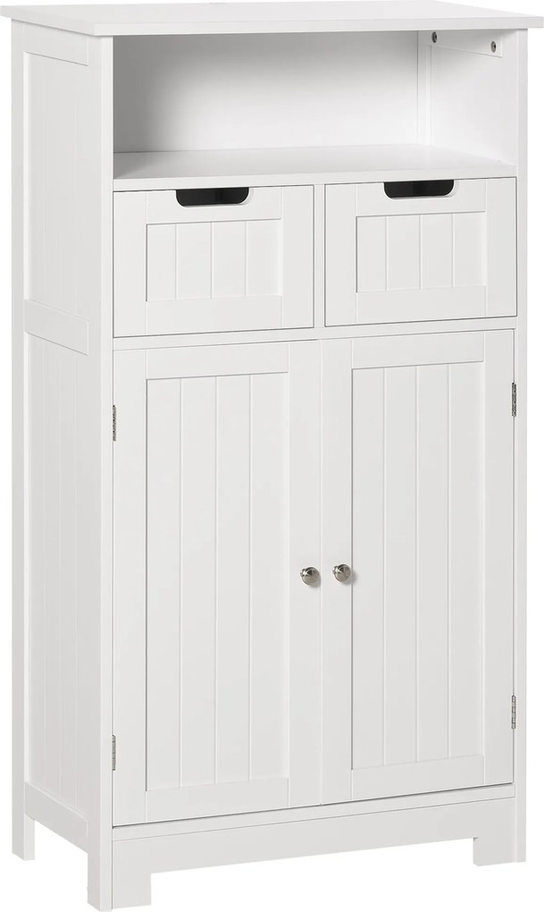 Kleankin Fürdőszobaszekrény 2 Ajtóval, Állítható Polccal, 2 Fiókkal és Nyitott Térrel - 60x30x108,8 cm - Fehér | Aosom