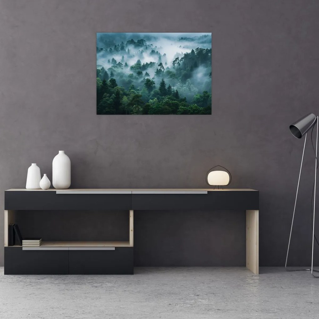 Üveg kép - Erdő ködben (70x50 cm)