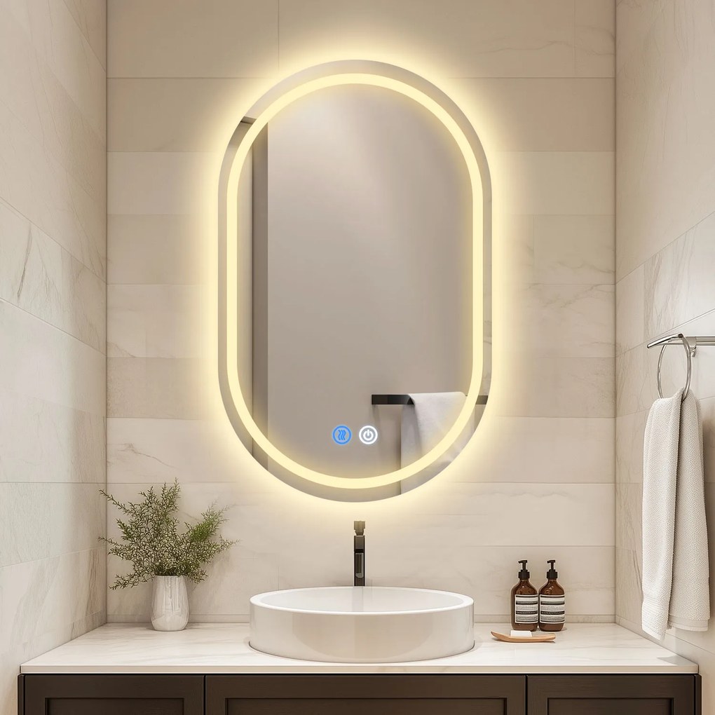 Erga Lyra, ovális LED tükör 40x60cm, 3 fényszín, első és hátsó világítás, páramentes fűtőpárna, ERG-V01-LYRA-4060-CL