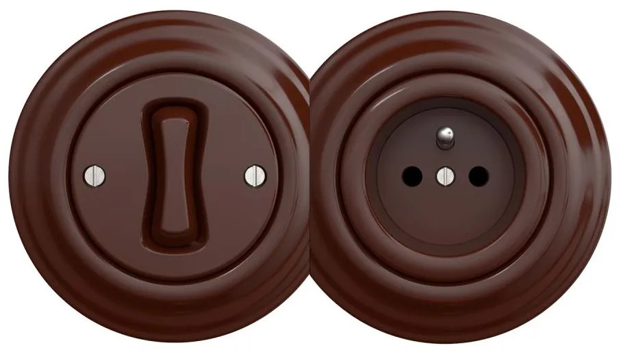 Kliklap - Retro egypólusú 1-es kapcsoló és 230V konnektor kerettel, barna