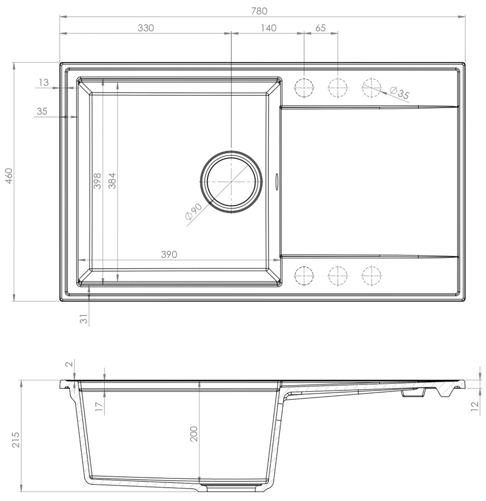 SINK Quality Quality Sink55 mosogató, gránit konyhai mosogató 780x460x215 mm, szürke, SKQ-SINK.D.1KDOL