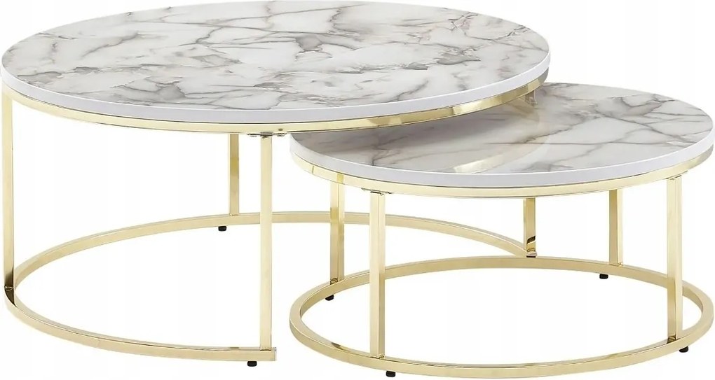 Dohányzóasztalok 2 db-os szett kerek arany és fehér márvány