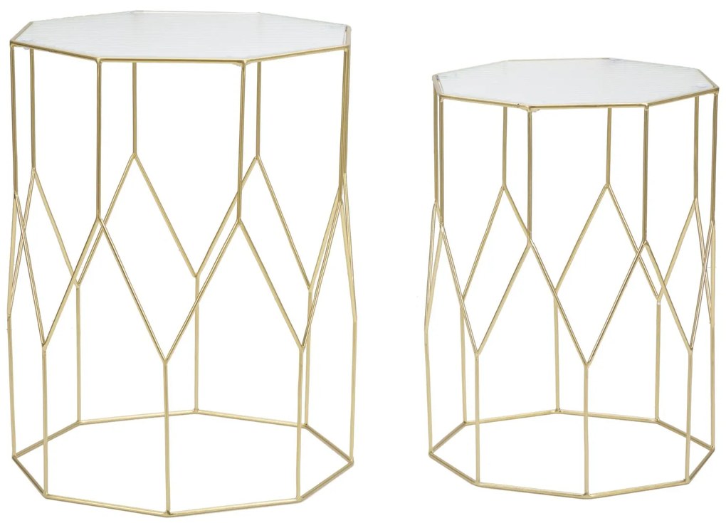 hatszögletű fém kisasztal készlet geometrikus vázzal és üveglappal – 2 db – arany színű