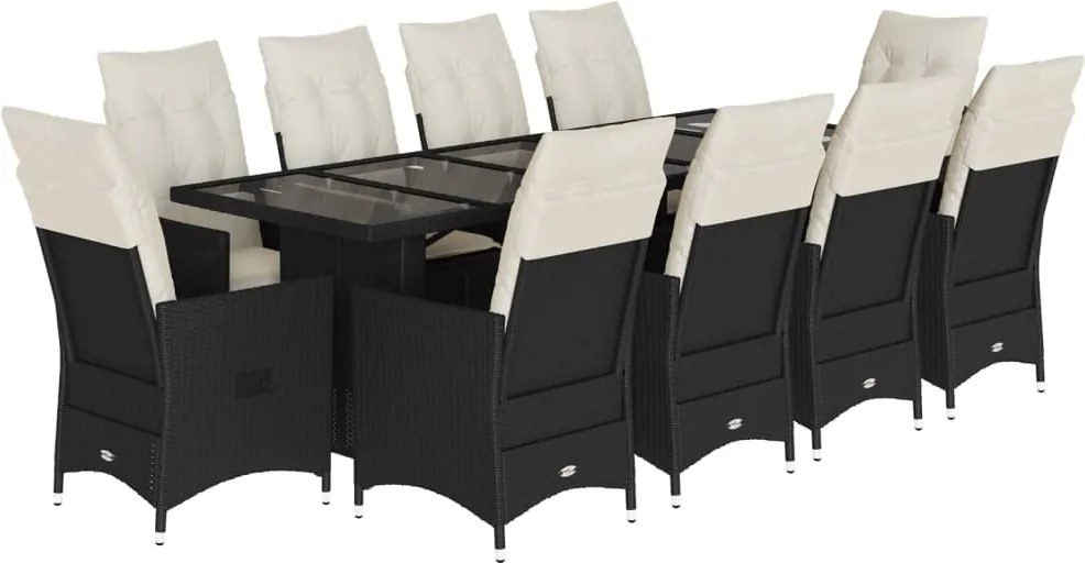 vidaXL 11 részes fekete polyrattan kerti bisztrógarnitúra párnákkal