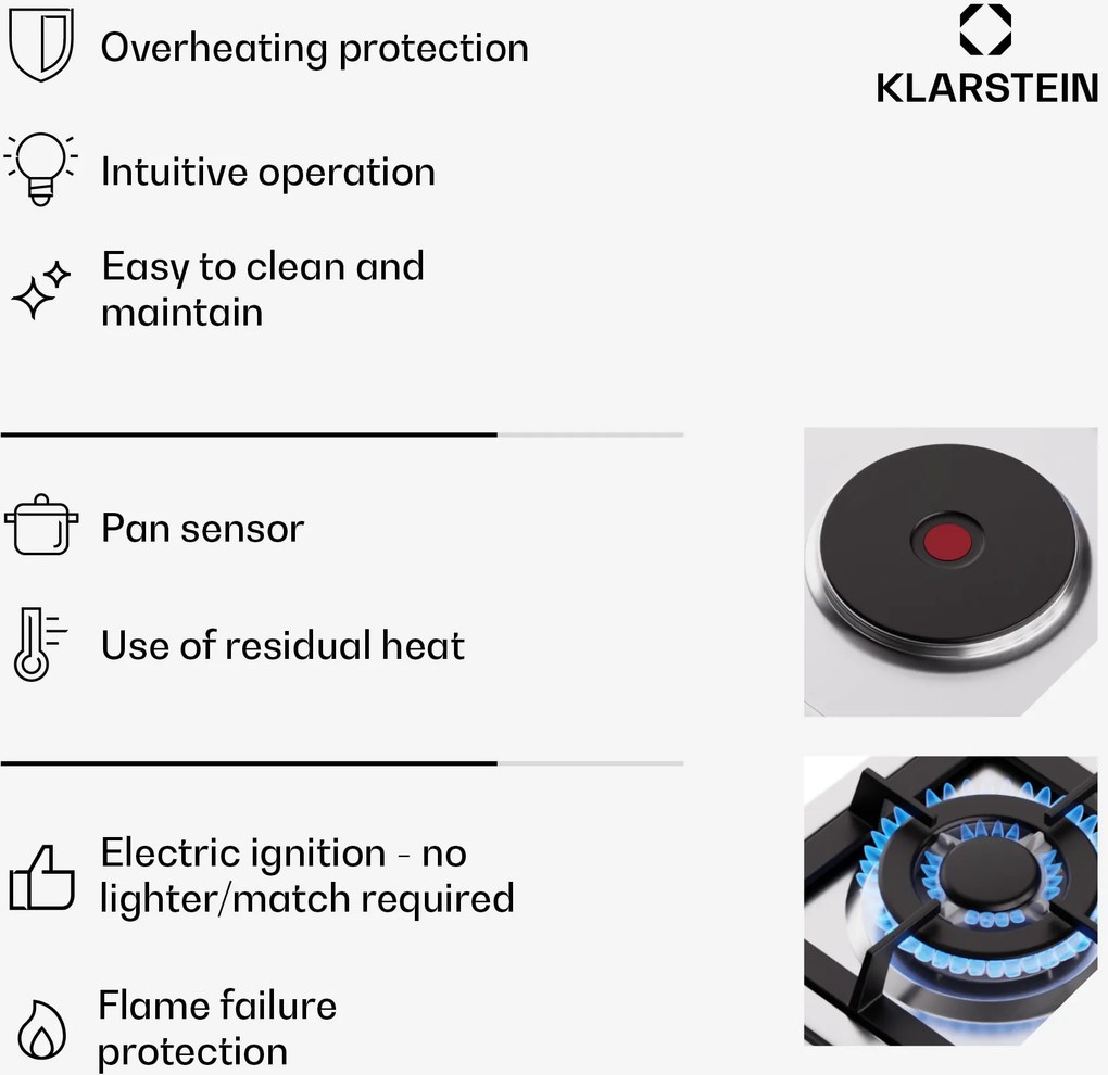 Klarstein MultiChef 5 Hot Plate, villany és gáz főzőlap, 5 főzőzóna, 4 égő, 1 villany főzőlap
