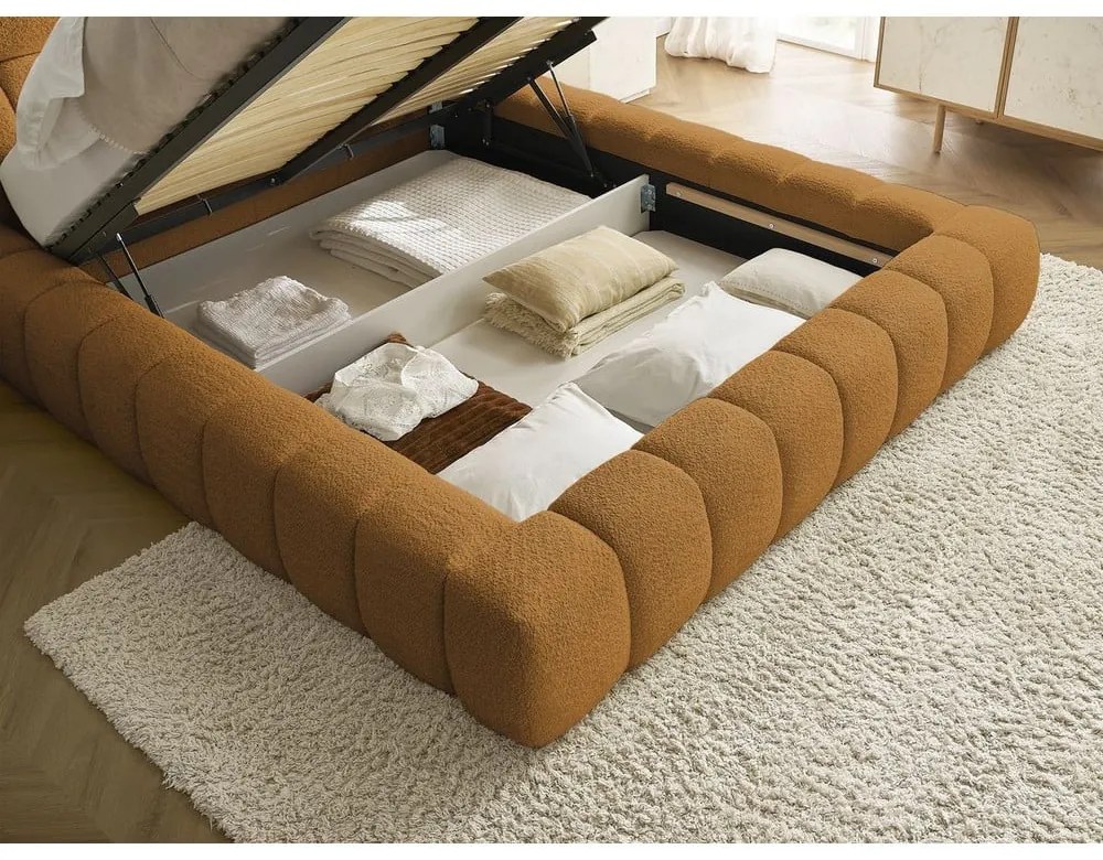 Mustársárga kárpitozott ágyneműtartós franciaágy ágyráccsal 180x200 cm Mont Blanc – Bobochic Paris