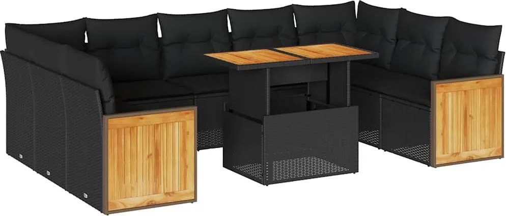 vidaXL 10 részes fekete polyrattan akácfa kerti ülőgarnitúra párnákkal