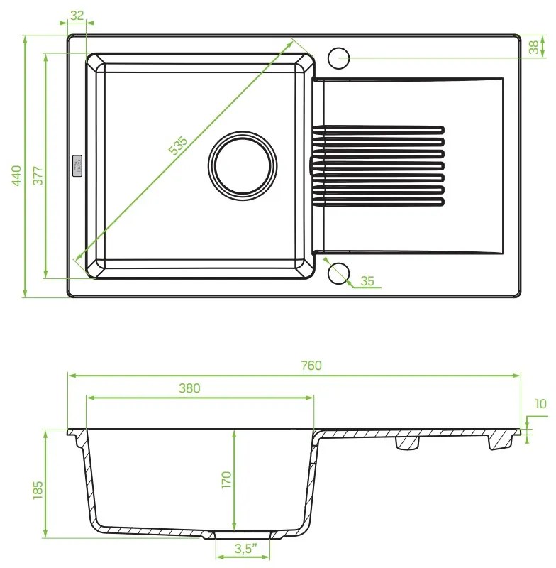 Laveo Celia, 1 kamrás gránit mosogató 760x440x185 mm hosszú vízelvezetővel, fekete, LAV-SBC_711T