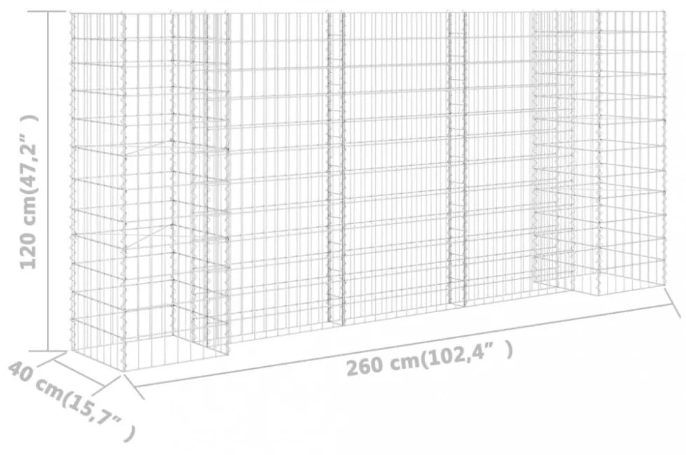 H alakú acéldrót virágtartó gabion 260 x 40 x 120 cm