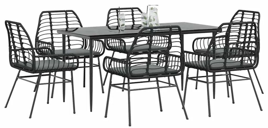 vidaXL 7 részes fekete polyrattan üveg kerti étkezőgarnitúra párnákkal