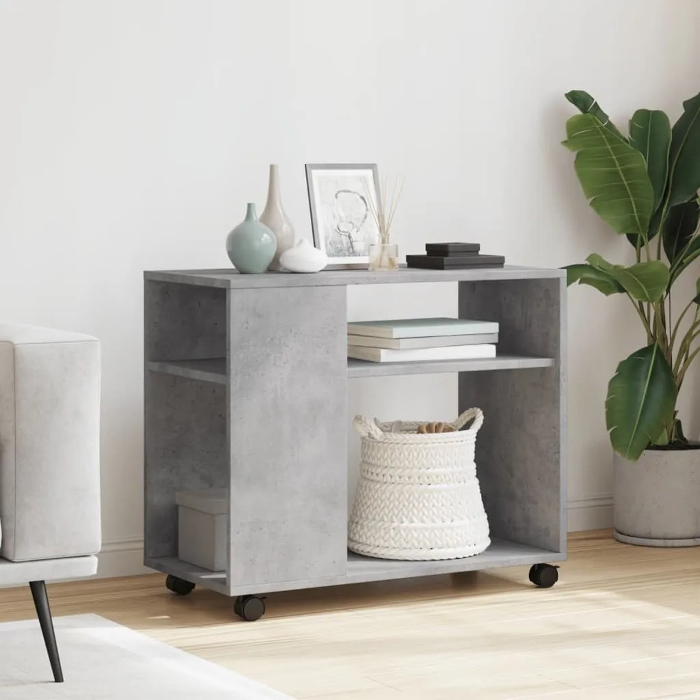 betonszürke szerelt fa kisasztal kerekekkel 70 x 35 x 60 cm