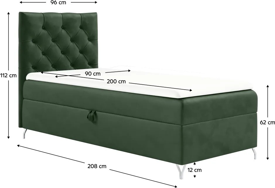 Boxspring ágy, 90x200, zöld Velvet szövet, balos, GULIETTE + ajándék