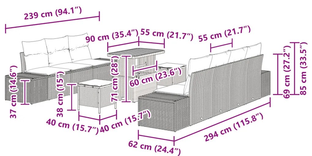 10 Részes Kerti Sofa Szett Párnákkal Szürke Polirattan Akáciával