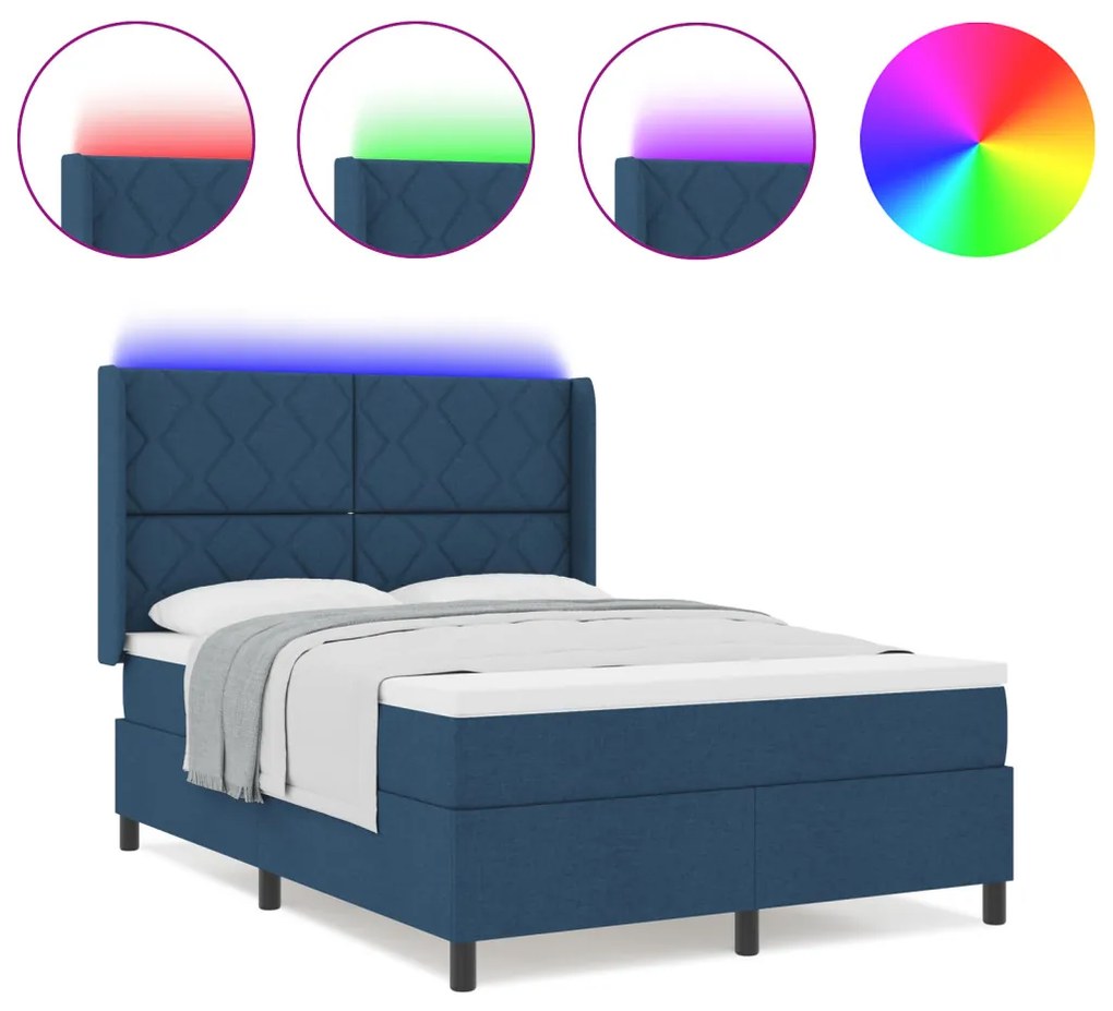 Boxspring Ágy Matrac & Kék LED 140x190 cm Szövet