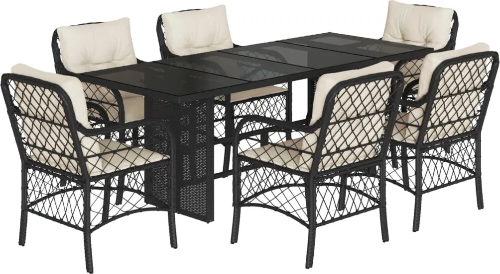 vidaXL 7 részes fekete polyrattan kerti étkezőgarnitúra párnával