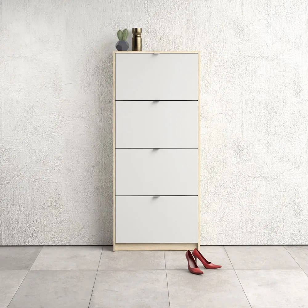 Shoes fehér cipőtartó 4 billenő fiókkal és tölgyfa dekoros kerettel, mélység 17 cm - Tvilum