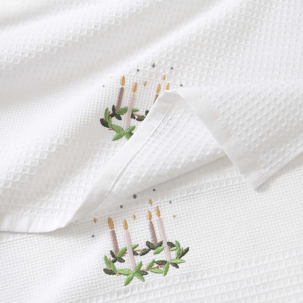 Goldea karácsonyi hímzett waffle konyharuha - adventi koszorú fehér alapon 50 x 70 cm