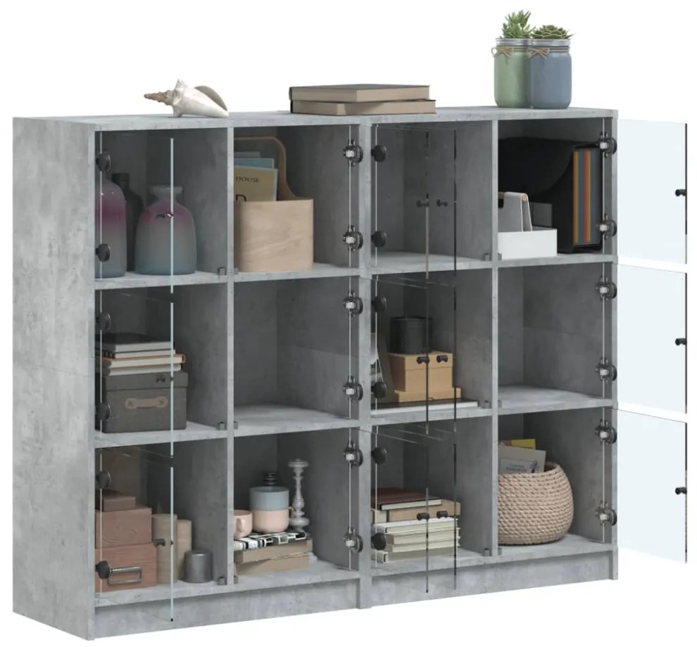 betonszürke szerelt fa könyvespolc ajtókkal 136 x 37 x 109 cm
