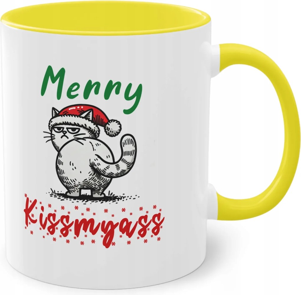 Sárga karácsonyi bögre Macska Ajándék Vidám Csók...Merry KissMyAss