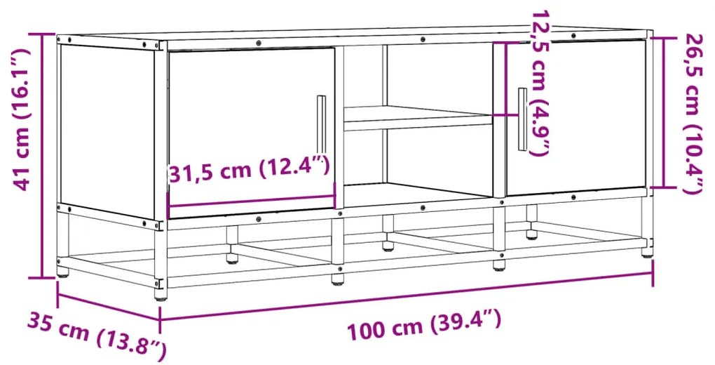 barna tölgy színű szerelt fa és fém TV-szekrény 100x35x41 cm