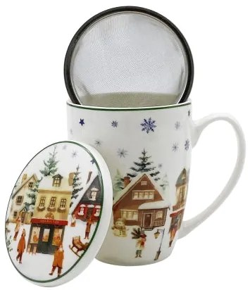 Karácsonyi porcelán szűrős bögre tetővel díszdobozban Christmas Village