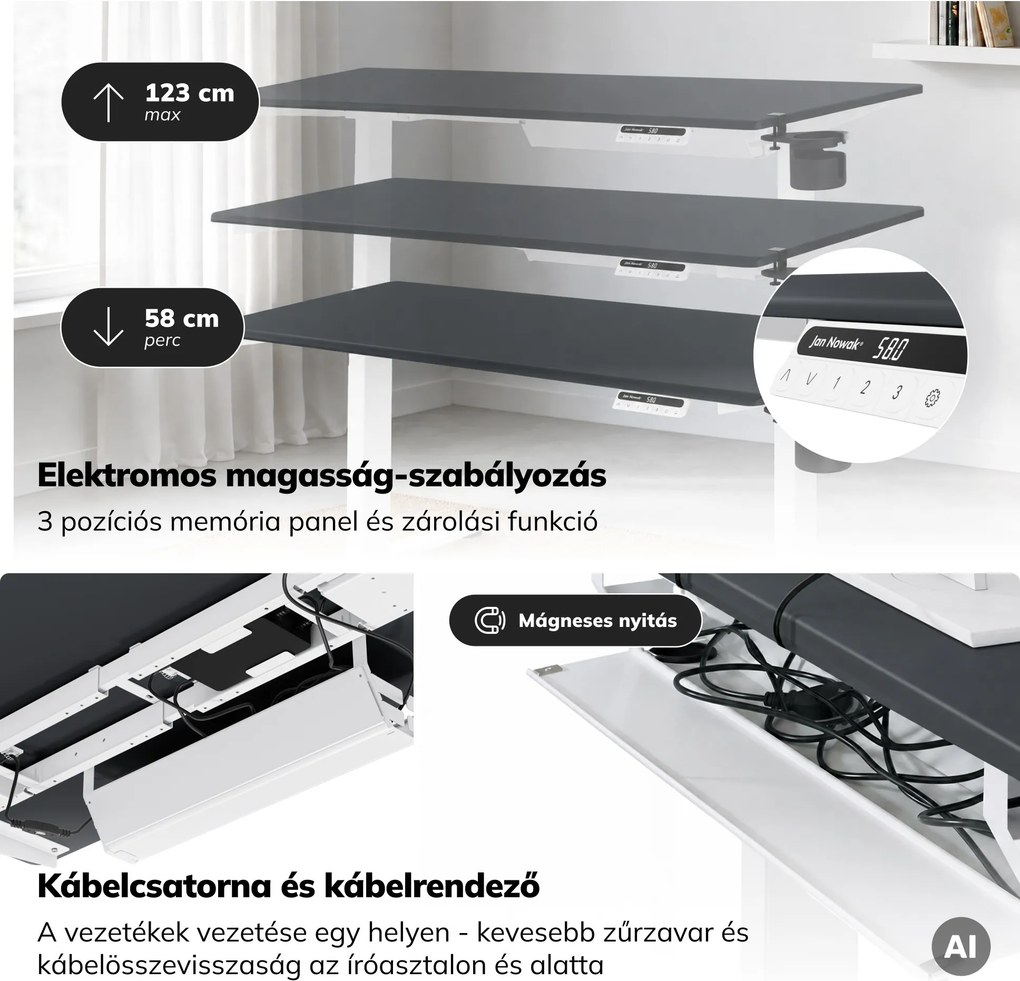 Elektromos, állítható magasságú, ergonomikus, fehér-antracit íróasztal,1400x700 mm: ARIA