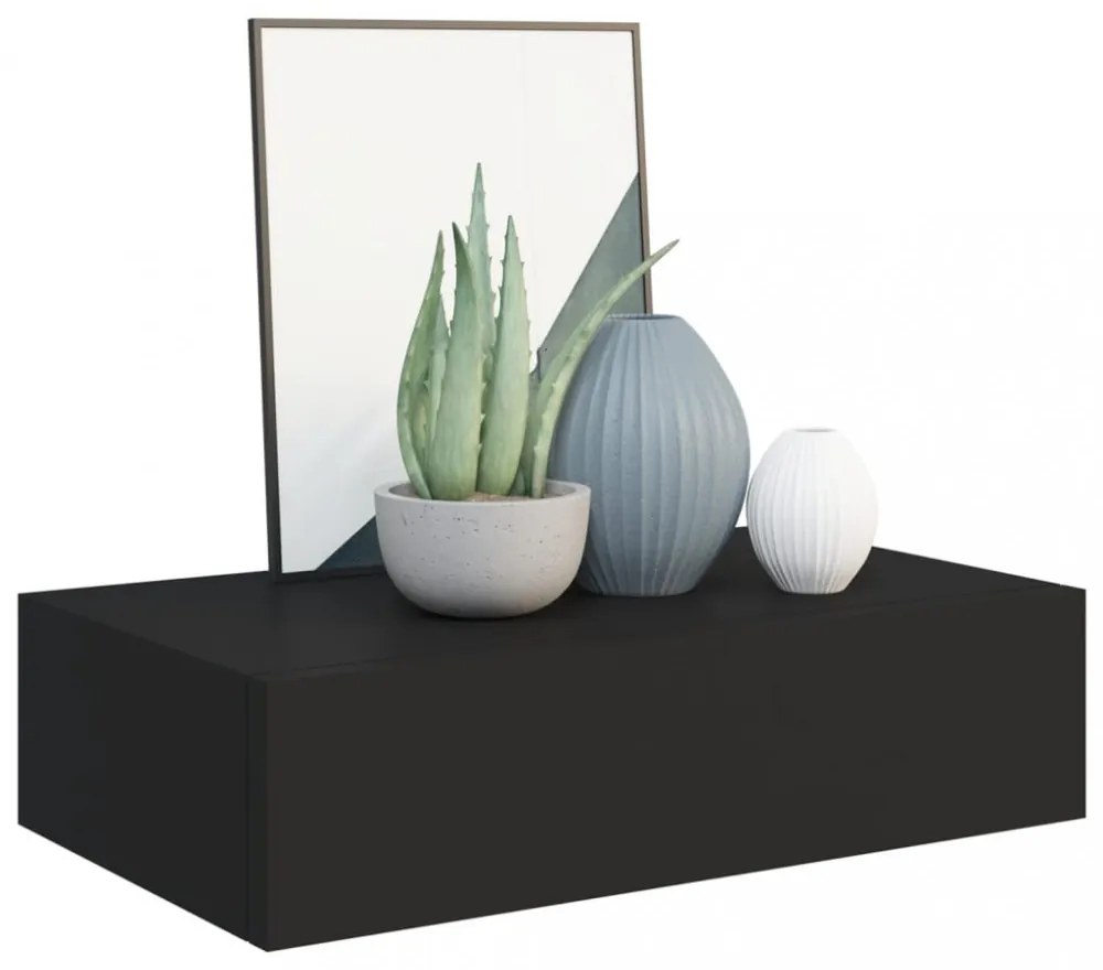 2 db fekete MDF falra szerelhető fiókos polc 40 x 23,5 x 10 cm