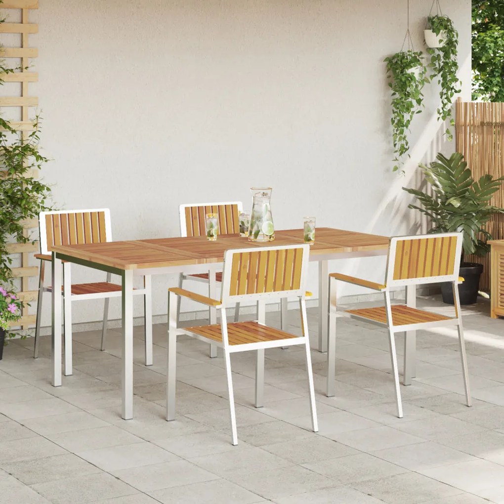 5 darabos kert étkező szett tömör akácfa, kültéri étkező asztal 180x90x75 cm tömör akácfából, rakásolható kert székek 4 db tömör akácfa és fém