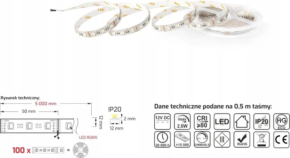 Bútorvilágítás Led Szalag Rgbw Tekercs teljesítmény 14W/1m IP20 Szilikonmentes