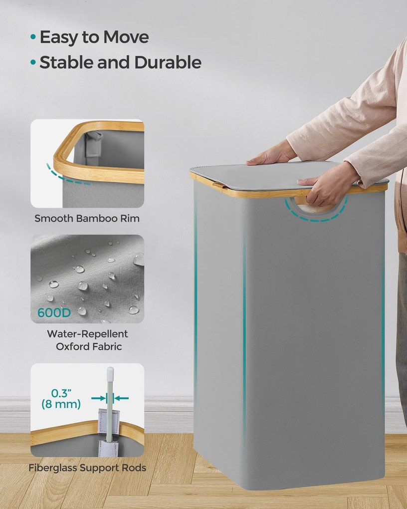 Fedeles, 3 rekeszes mosókosár, 150L, levehető bélés, összecsukható, galambszürke