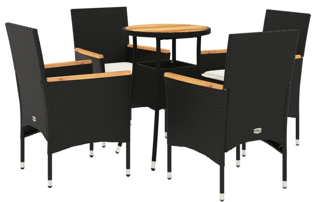 5részes fekete polyrattan/akácfa kerti étkezőgarnitúra párnákkal