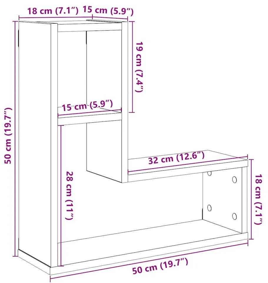 2 db kézműves tölgyszínű szerelt fa fali kockapolc 50x15x50 cm