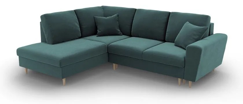 Petróleum színű bársony kinyitható tárolóhelyes sarokkanapé (bal oldali-L alakú) Kyoto – Cosmopolitan Design