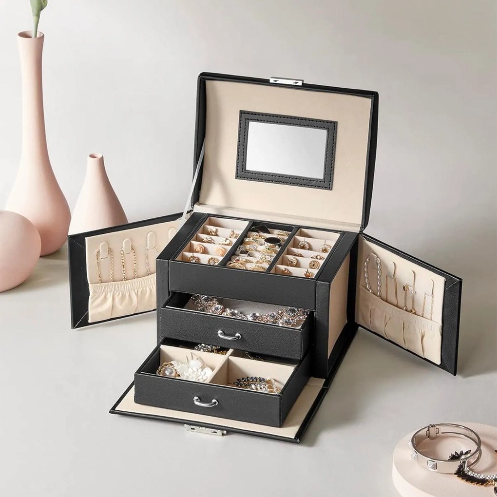 Ékszerdoboz, zárható ékszertartó 2 fiókkal, fekete