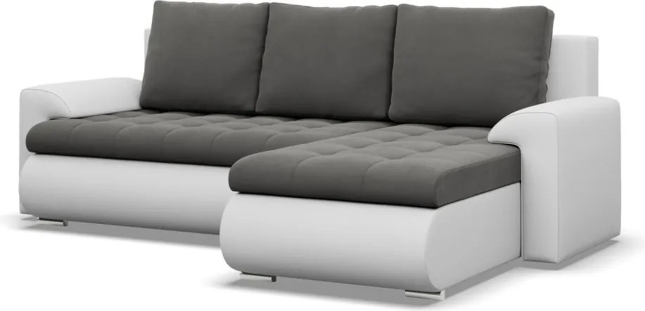 Tokio sarokkanapé, 2 ágyneműtartóval, bársony + műbőr, jobboldali, szürke - fehér