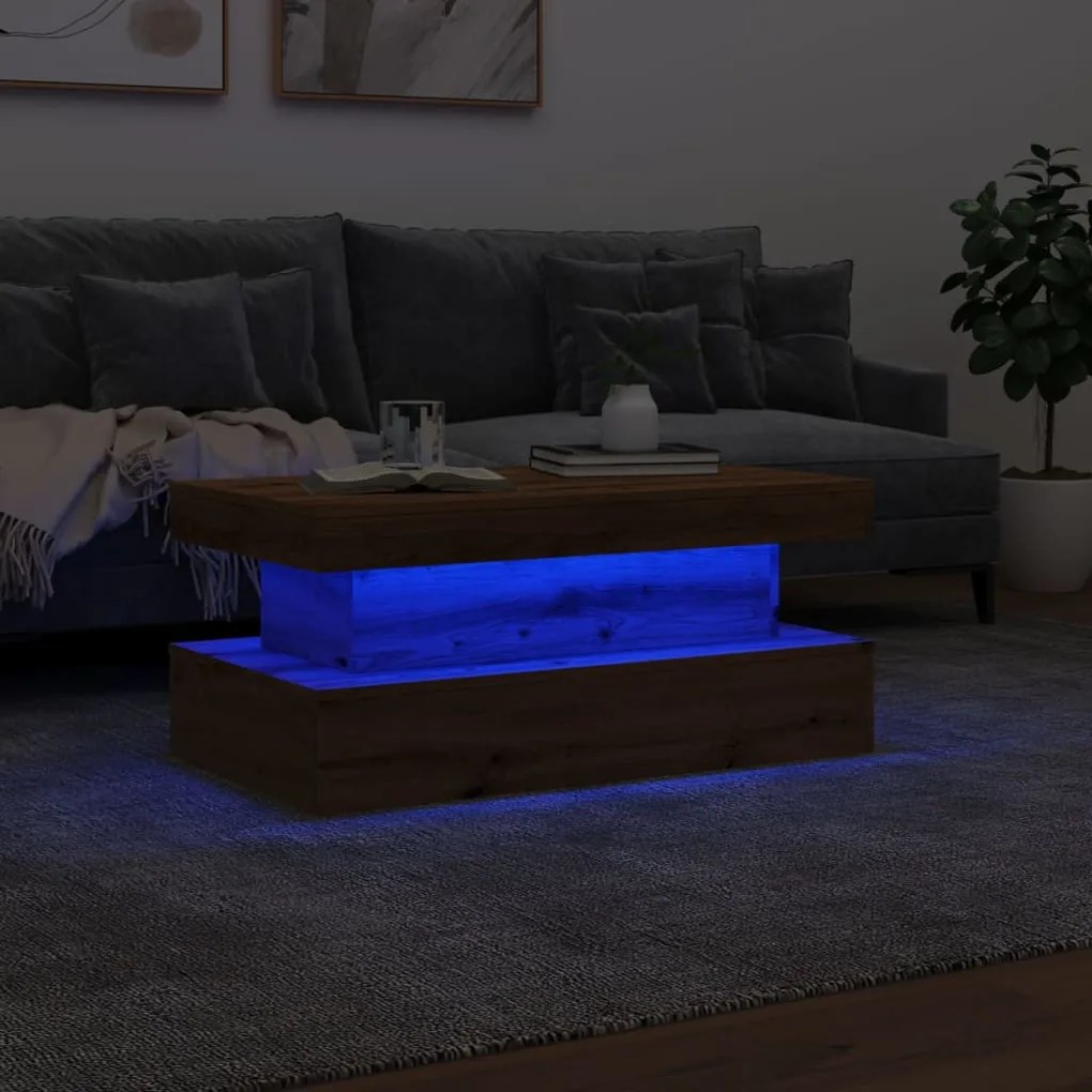 kézműves tölgy színű dohányzóasztal LED-lámpákkal 90x50x40 cm