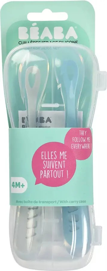 Béaba Ergonomikus Szilikon Hosszú Kiskanál Szett + Doboz - Viharkék