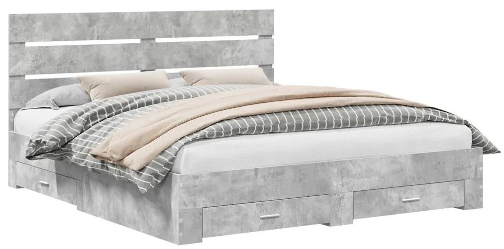 vidaXL Ágykeret fiókkal fejtámlával Beton Szürke 200 x 200 cm Faanyag