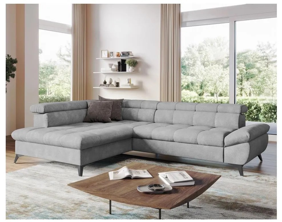 Szürke, balos, L-alakú MARANO sarokkanapé ággyá nyitható