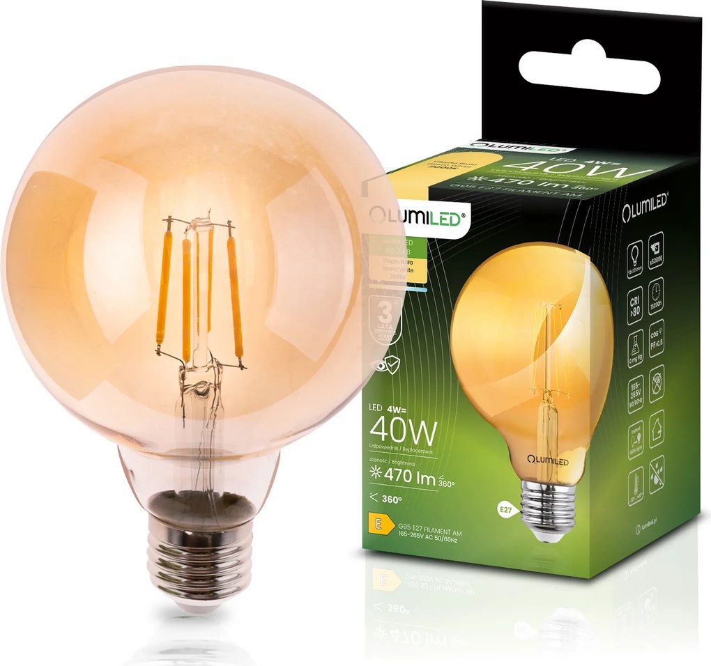Led E27 G95 Filament Izzó 4W 40W 470LM 2000K 360° Díszgömb Lumiled