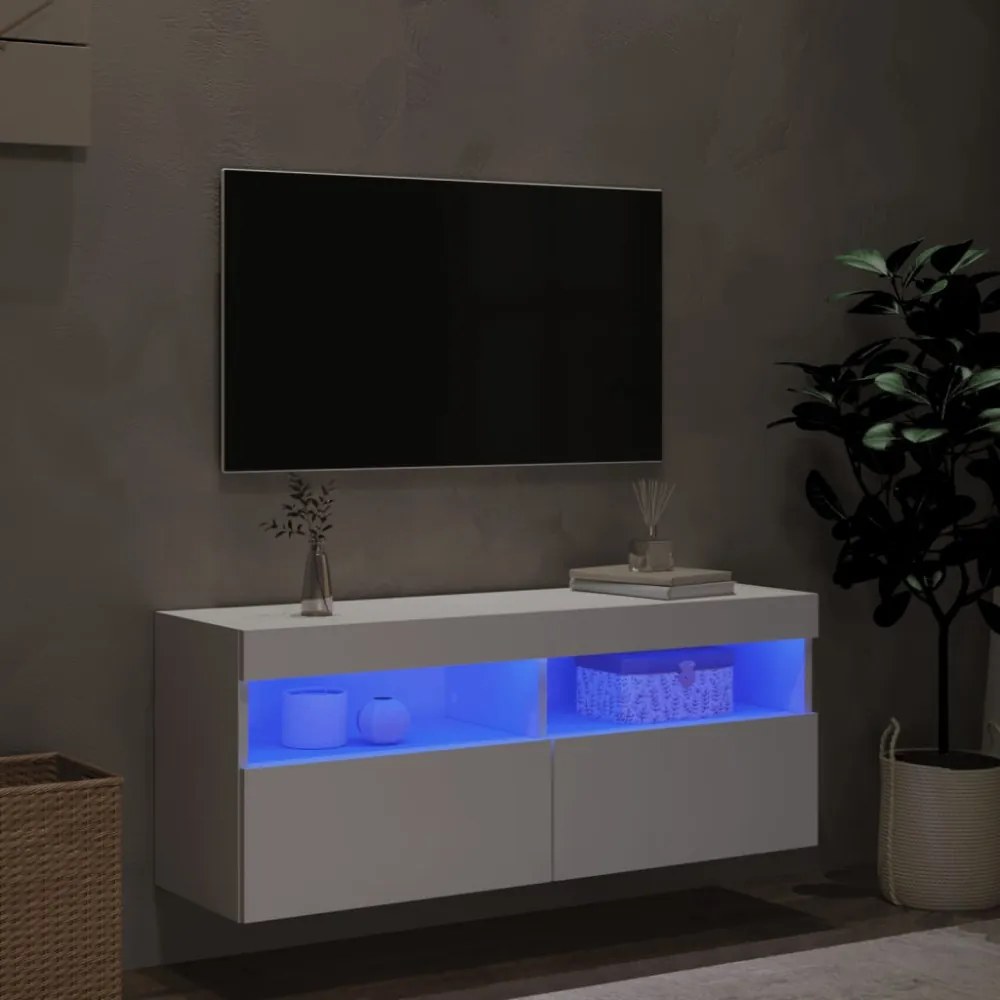 fehér falra szerelhető TV-szekrény LED-lámpákkal 100x30x40 cm