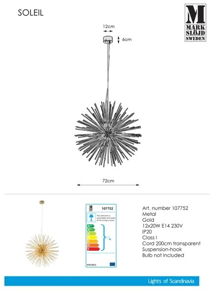 Markslöjd 107752 - Csillár zsinóron SOLEIL 12xE14/20W/260V Rózsaarany